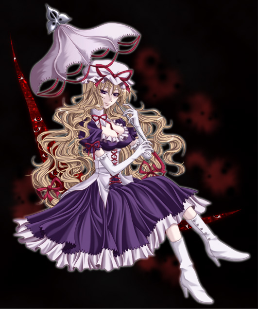 usa-g, yakumo yukari, touhou, 1girl, blonde hair, boots, breasts, cleavage, dress, elbow gloves, female focus, gap (touhou), gloves, hair ribbon, hat, high heels, large breasts, long hair, parasol, purple eyes, ribbon, shoes, skirt, solo, umbrella, white boots, white gloves