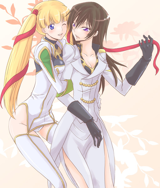 luluko, monica kruszewski, code geass, gender request, non-web source, 00s, 2girls, blonde hair, blush, brown hair, genderswap, genderswap (mtf), gloves, long hair, multiple girls, one eye closed, purple eyes, ribbon, thighhighs, twintails, wink