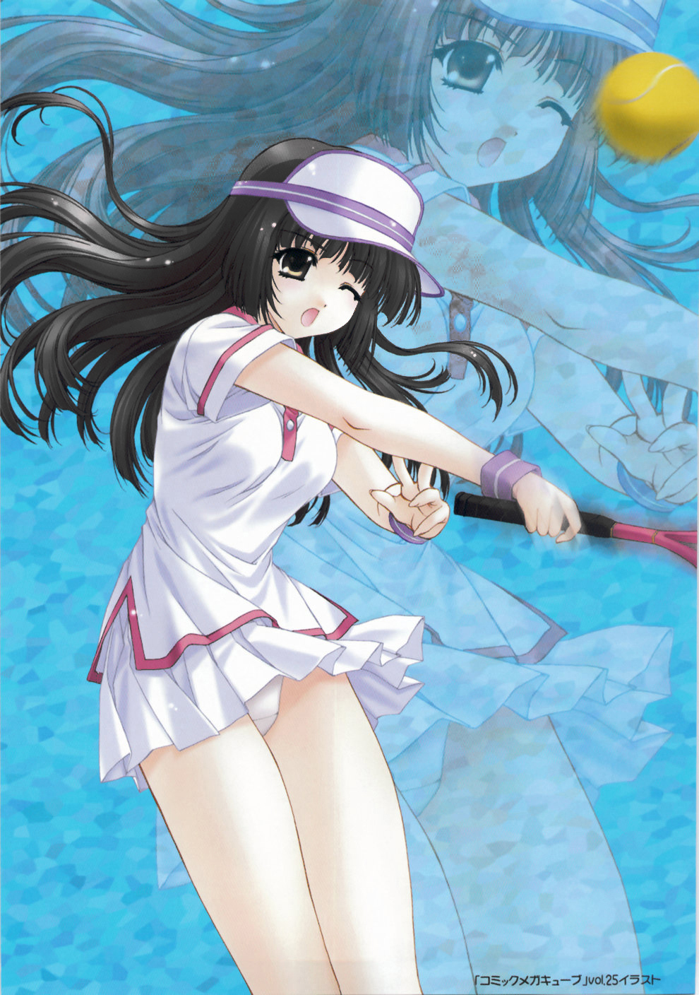 kimizuka aoi, highres, ball, long hair, megacube, moe (phrase), one eye closed, panties, pantyshot, racket, skirt, sportswear, tennis ball, tennis racket, tennis uniform, underwear, white panties, wink