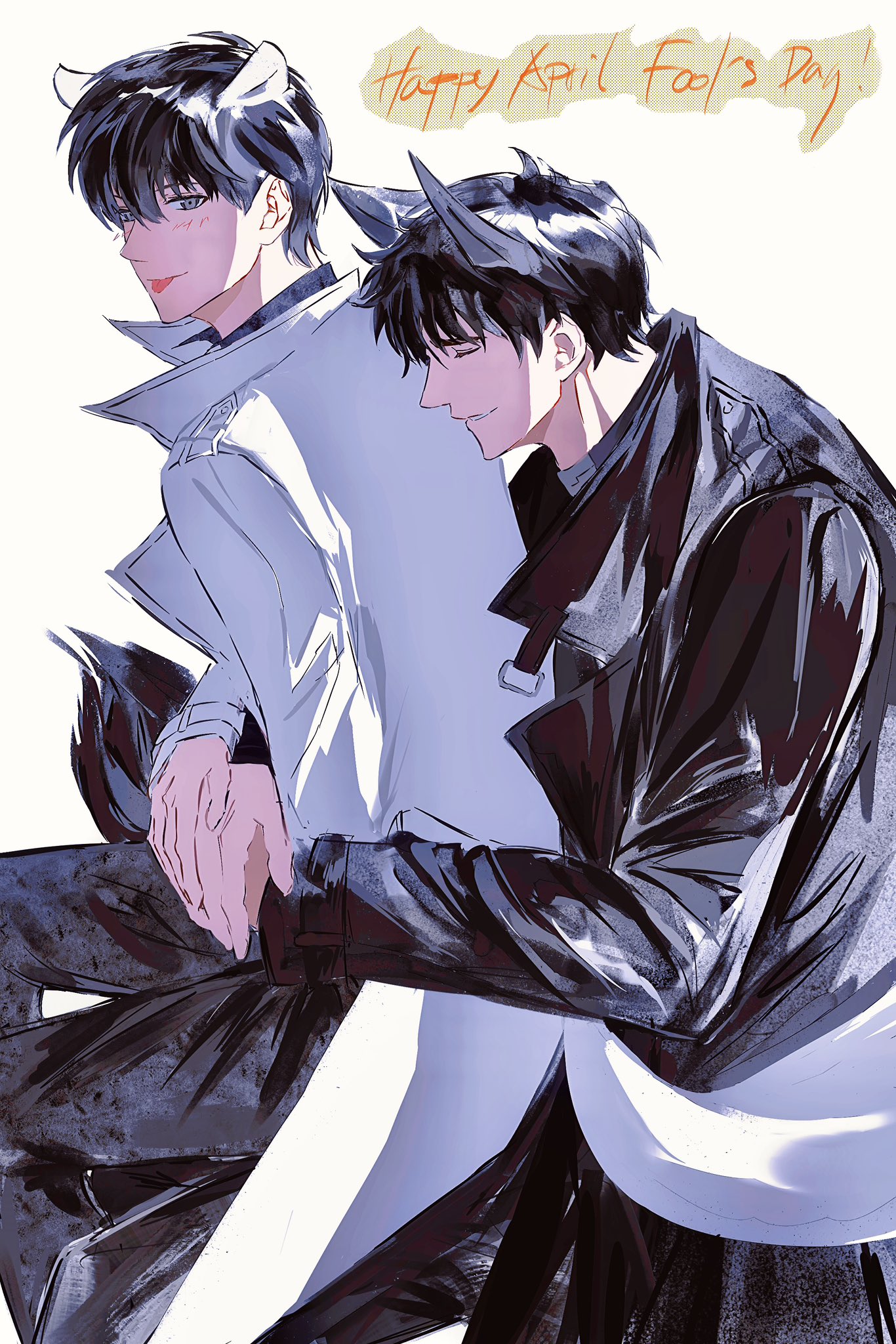 kim dokja, yoo joonghyuk, omniscient reader's viewpoint, highres, 2boys, 8d2suga9, :p, animal ears, april fools, arms around waist, black coat, black eyes, black hair, closed eyes, coat, english text, hug, hug from behind, kemonomimi mode, knees up, lifting person, looking at viewer, male focus, multiple boys, open clothes, open coat, popped collar, short hair, tail, tongue, tongue out, white coat, wolf ears, wolf tail, yaoi