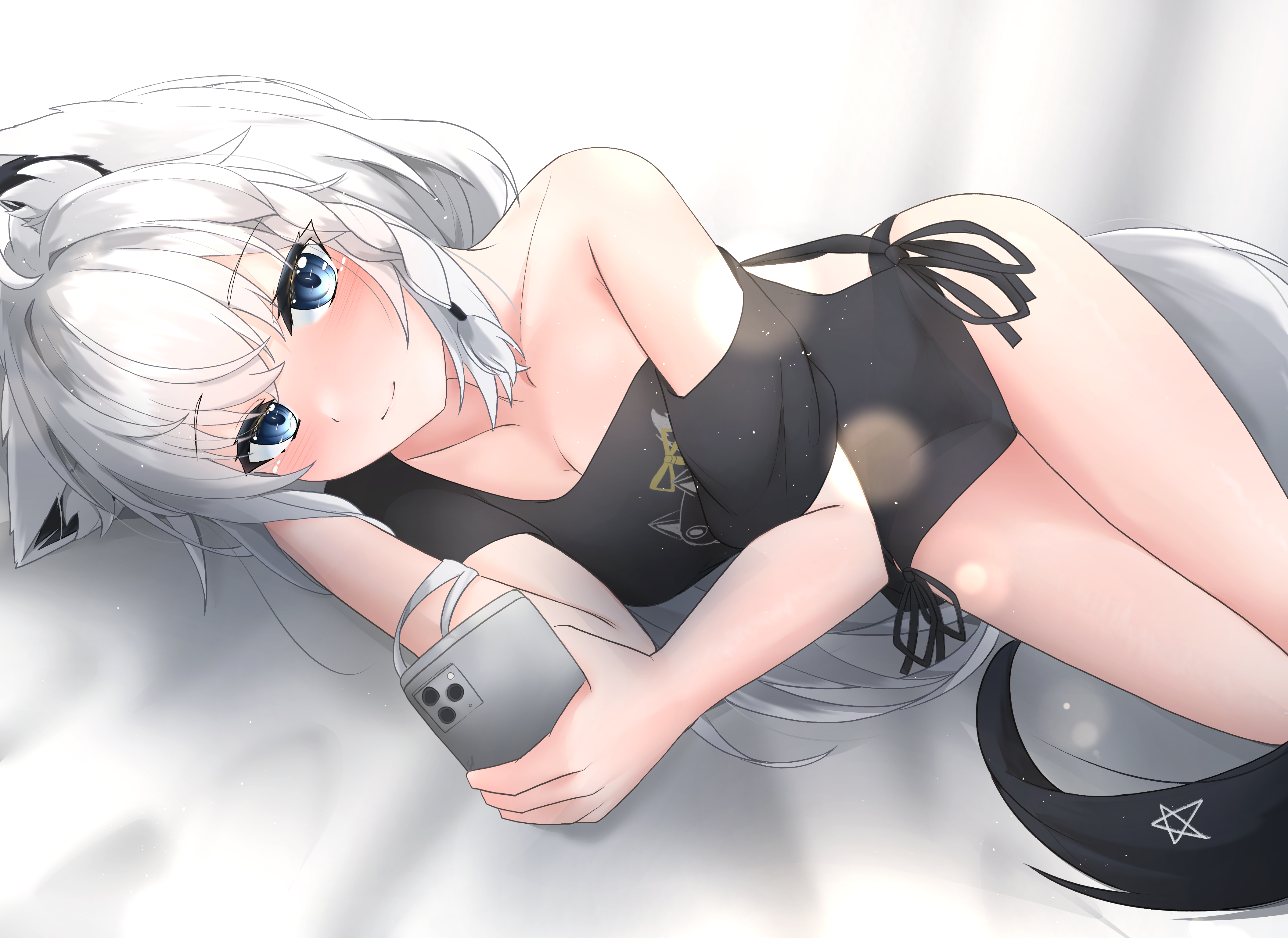 st-147, shirakami fubuki, shirakami fubuki (loungewear), hololive, absurdres, commentary request, highres, 1girl, ahoge, animal ear fluff, animal ears, black panties, black shirt, blue eyes, blush, braid, breasts, cleavage, earrings, fox ears, fox girl, fox tail, hair between eyes, holding, holding phone, jewelry, long hair, looking at viewer, lying, on side, panties, pentagram, phone, shirt, sidelocks, single braid, smile, solo, tail, underwear, virtual youtuber, white hair