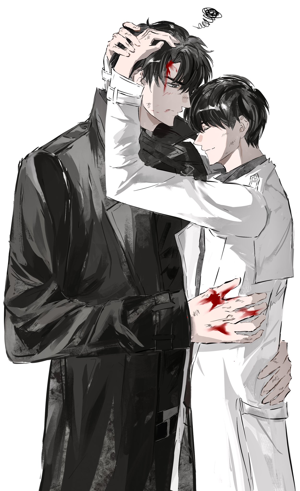 kim dokja, yoo joonghyuk, omniscient reader's viewpoint, highres, 2boys, 8d2suga9, angry, black coat, black hair, blood, blood from forehead, blood on face, blood on hands, closed eyes, coat, hand on another's back, hand on another's head, hug, large hands, looking at another, male focus, multiple boys, narrowed eyes, open clothes, open coat, popped collar, short hair, smile, white coat, yaoi