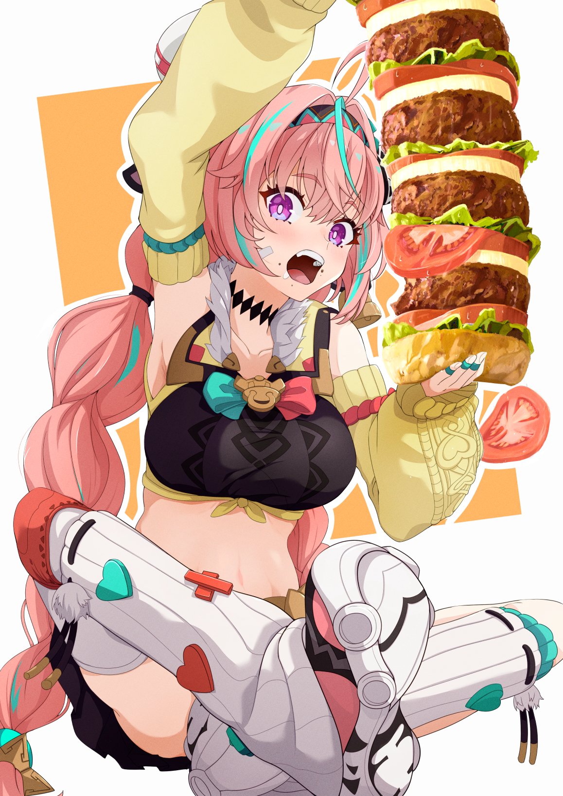menchi-men, varesa (genshin impact), genshin impact, highres, 1girl, breasts, eating, food, green hair, holding, holding food, large breasts, long hair, multicolored hair, navel, pink hair, purple eyes, sitting, solo, two-tone hair, very long hair