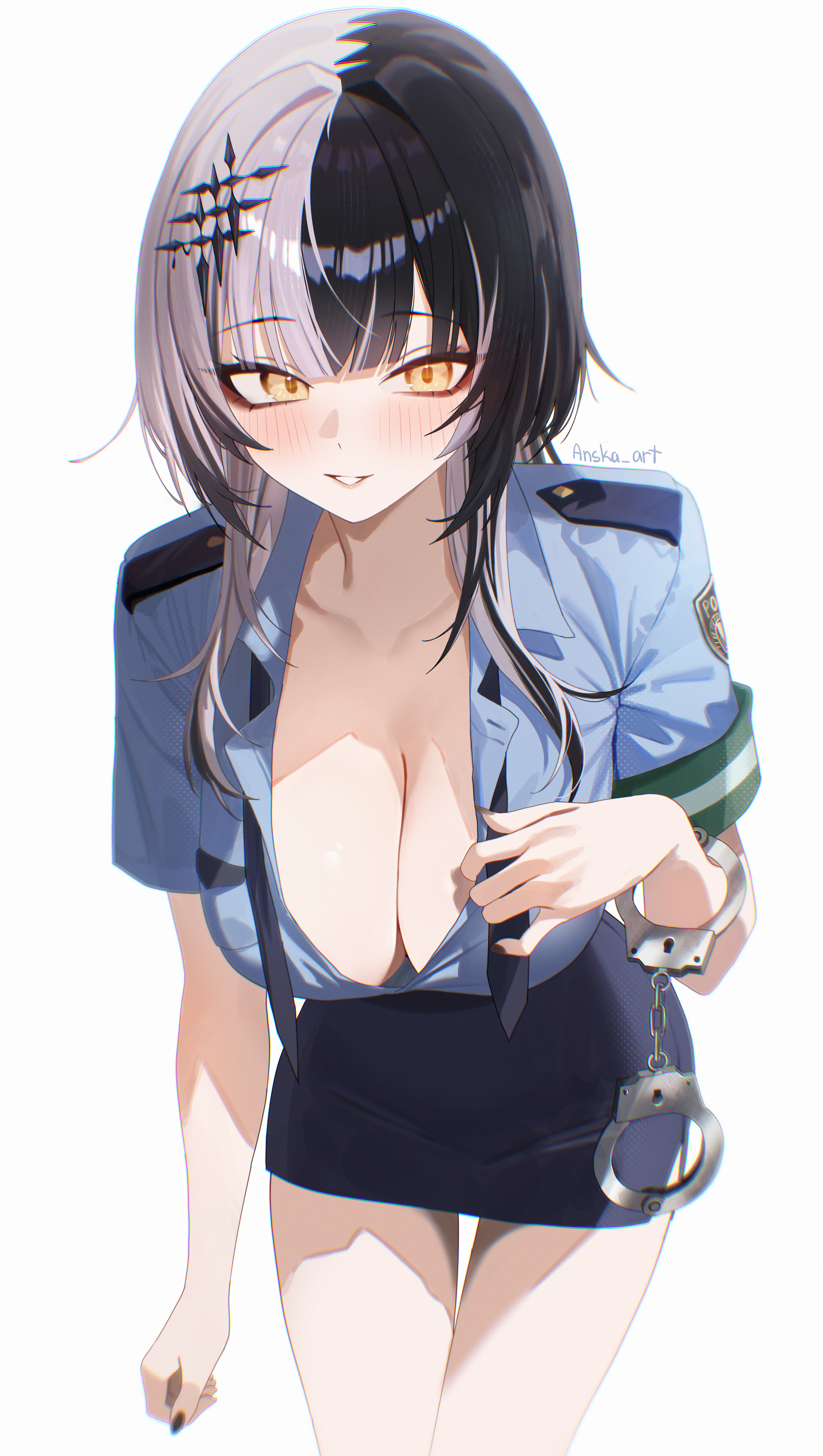 anska, shiori novella, hololive, hololive english, absurdres, highres, 1girl, alternate costume, black hair, black nails, blue shirt, blue skirt, blunt bangs, breasts, cleavage, collared shirt, cuffs, grey hair, handcuff dangle, handcuffs, large breasts, leaning forward, long hair, looking at viewer, miniskirt, multicolored hair, nail polish, parted lips, pencil, pencil skirt, police, police uniform, policewoman, shirt, short sleeves, simple background, skirt, solo, split-color hair, two-tone hair, virtual youtuber, white background, yellow eyes