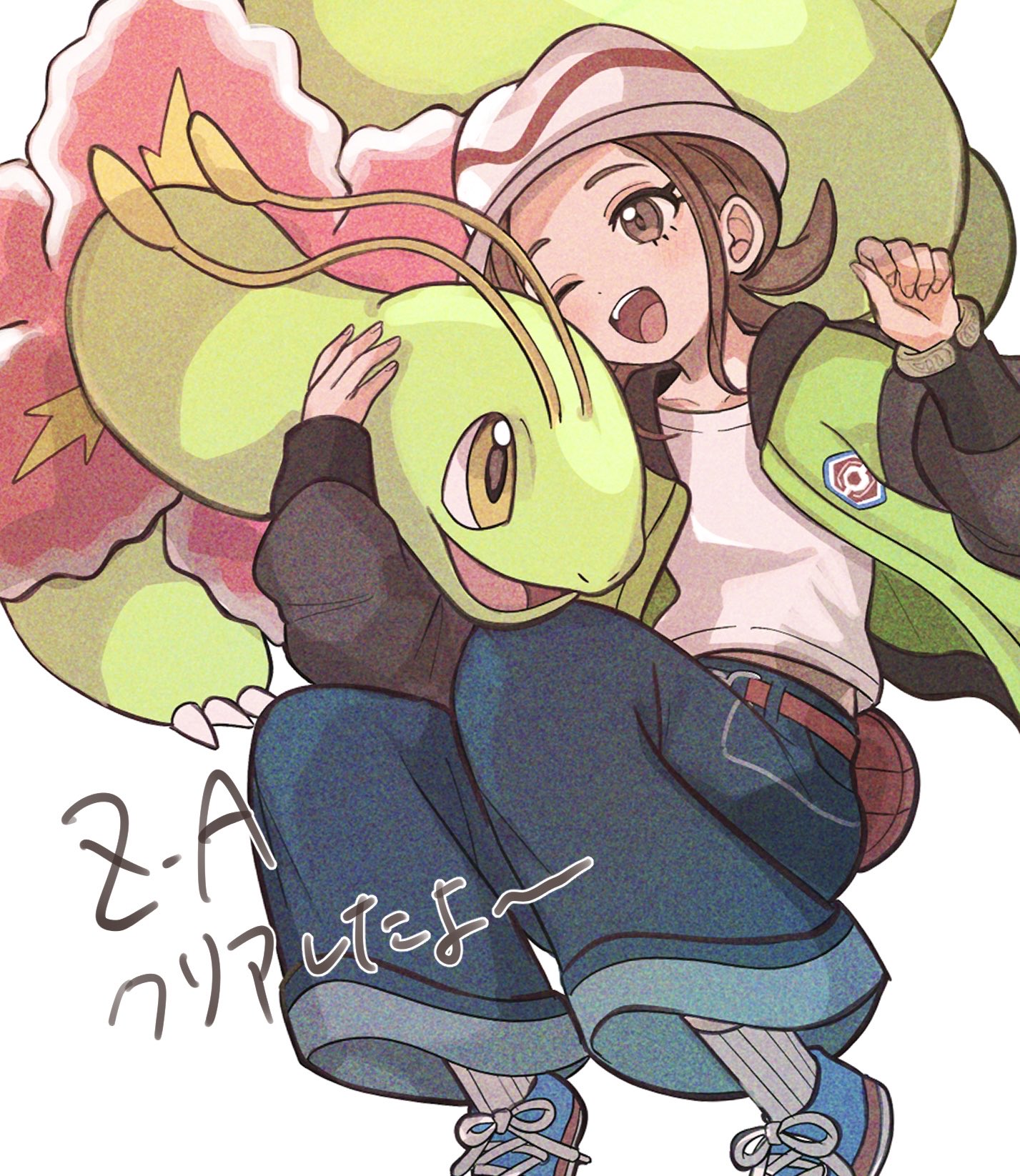 anzu (01010611), harmony (pokemon), meganium, nintendo, pokemon, pokemon legends: z-a, highres, 1girl, antennae, bell-bottoms, belt, blush, breasts, brown eyes, brown hair, flower, gen 2 pokemon, green jacket, hat, jacket, long sleeves, one eye closed, open clothes, open jacket, open mouth, pants, pokemon (creature), ribbed socks, shirt, shoes, short hair, simple background, smile, socks, striped hat, teeth, upper teeth only, white background, white hat, white shirt, white socks, yellow eyes
