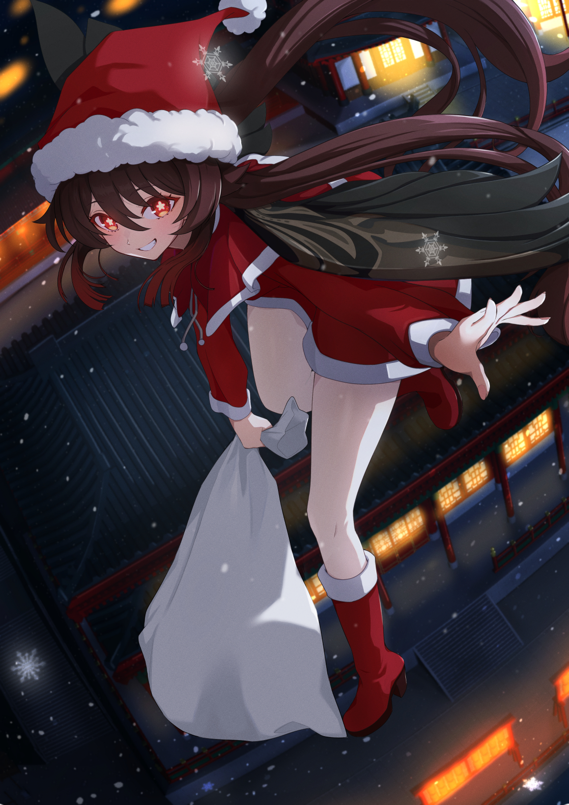 menchi-men, hu tao (genshin impact), genshin impact, highres, 1girl, brown hair, christmas, hair between eyes, long hair, night, orange eyes, outdoors, santa costume, smile, snowing, solo, very long hair, winter