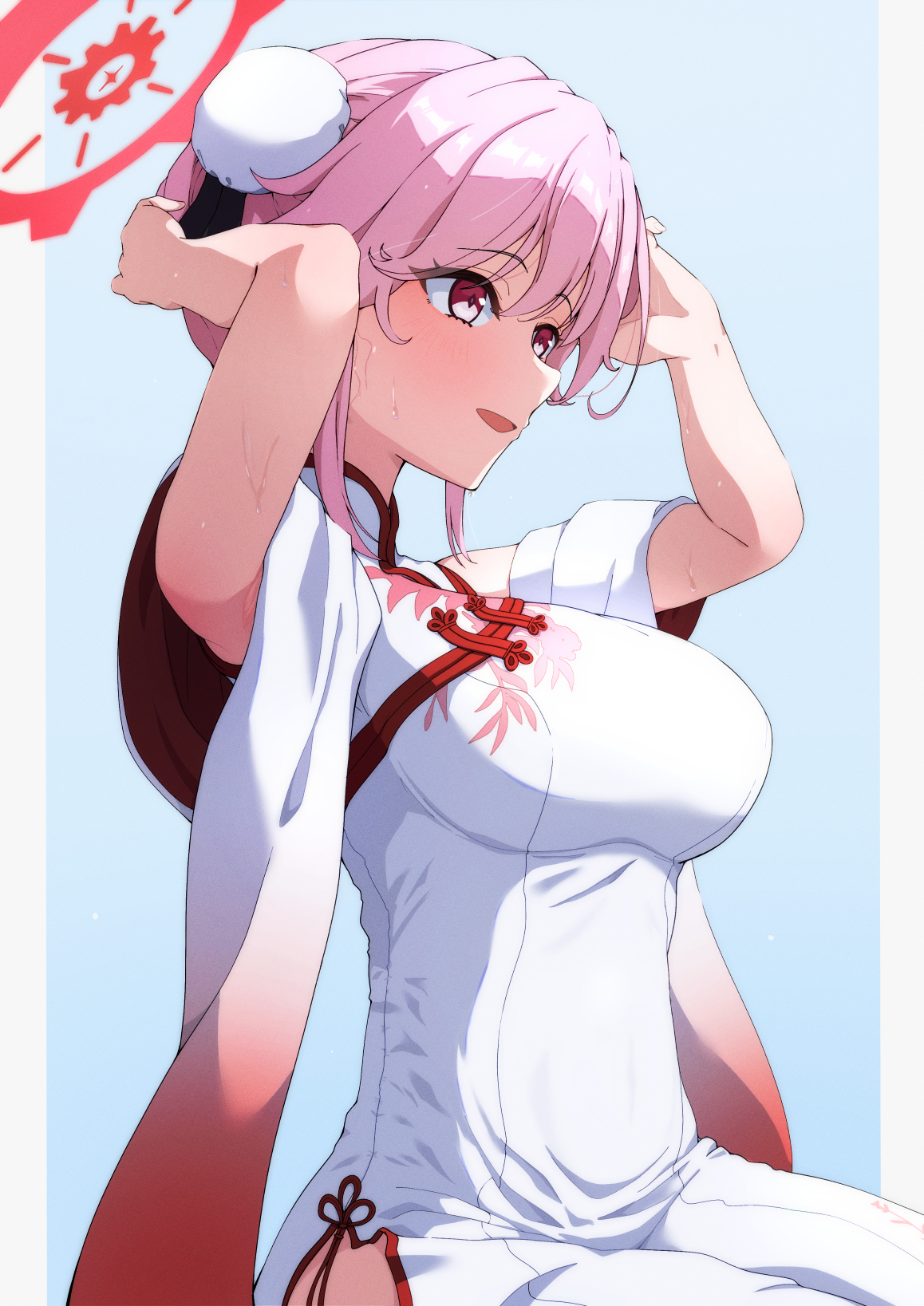 menchi-men, tomoe (blue archive), tomoe (qipao) (blue archive), blue archive, highres, 1girl, blurry, blurry background, breasts, china dress, chinese clothes, dress, halo, large breasts, looking to the side, open mouth, pink eyes, pink hair, red halo, simple background, sitting, white dress