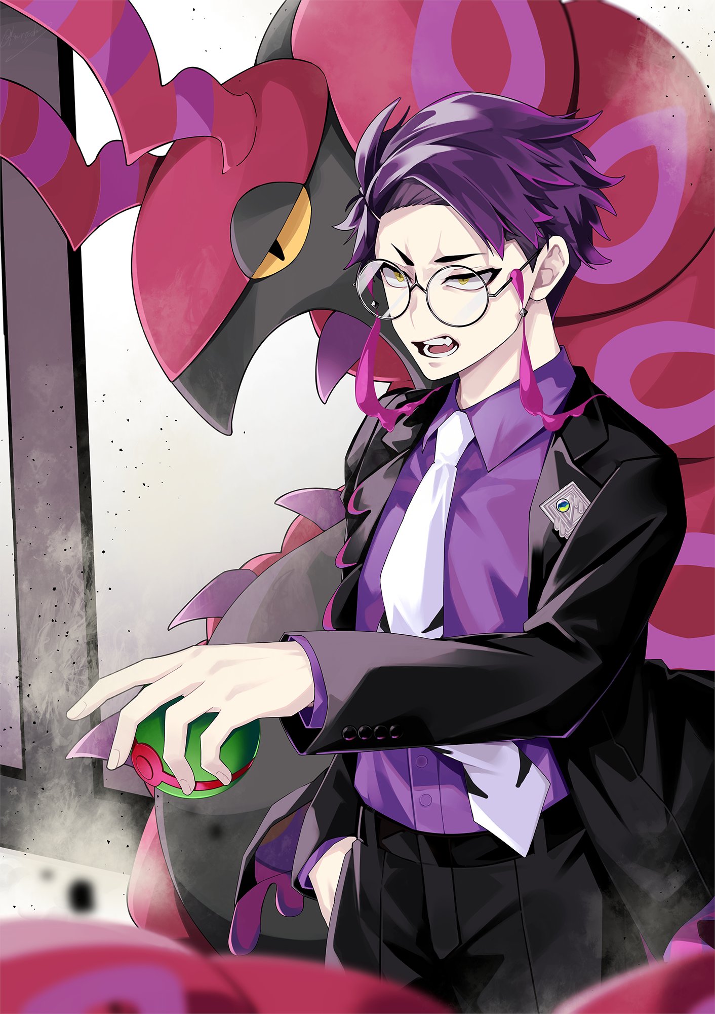 kurosakiinu, corbeau (pokemon), scolipede, nintendo, pokemon, pokemon legends: z-a, highres, 1boy, antennae, black-framed eyewear, black jacket, black pants, bug, centipede, collared shirt, colored sclera, dusk ball, eyewear strap, gen 5 pokemon, glasses, holding, holding poke ball, horns, jacket, long sleeves, necktie, open clothes, open jacket, open mouth, pants, parted hair, poke ball, pokemon (creature), purple hair, purple shirt, round eyewear, shirt, short hair, short sideburns, teeth, white necktie, yellow eyes, yellow sclera