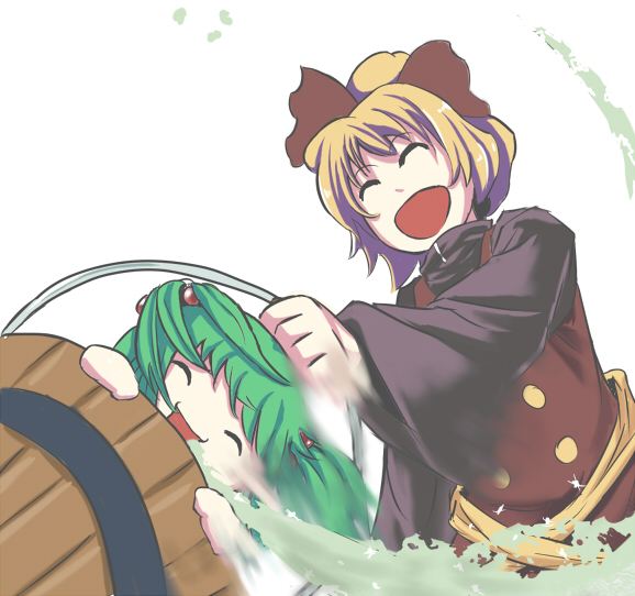 kouzilow, kisume, kurodani yamame, touhou, 2girls, ^ ^, blonde hair, bow, bucket, buttons, closed eyes, dress, female focus, green hair, hair bow, happy, in bucket, in container, multiple girls, open mouth, short hair, twintails, vomit, white background, yukkuri shiteitte ne