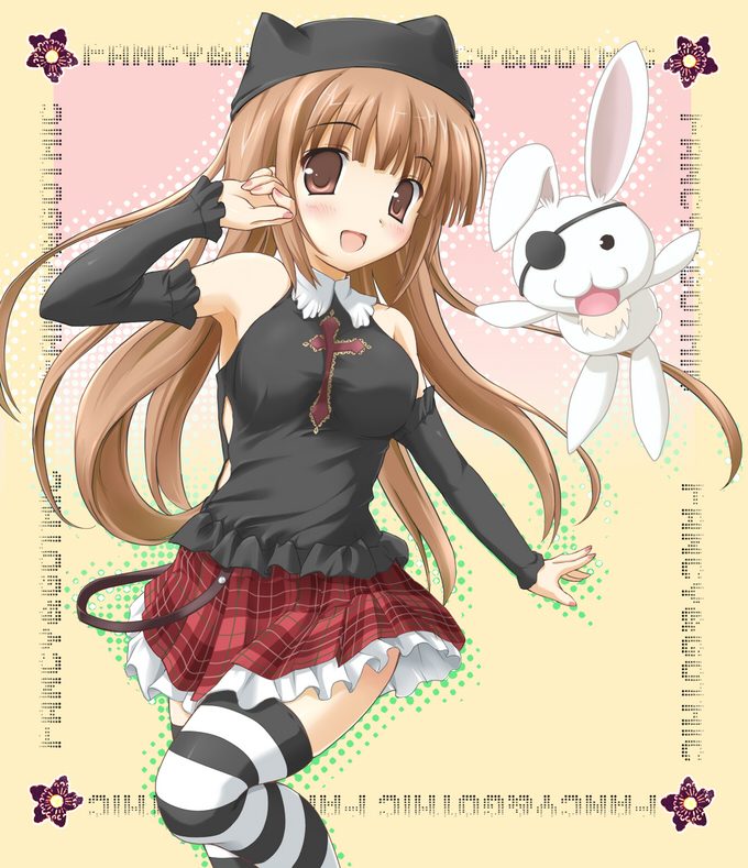 utamaru (konomix), bad id, bad pixiv id, 1girl, bare shoulders, blush, brown eyes, brown hair, cross, detached sleeves, female focus, hat, long hair, open mouth, rabbit, solo, striped clothes, striped thighhighs, thighhighs, zettai ryouiki