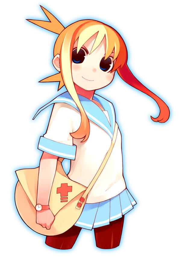 bachera, pachera, original, 1girl, bag, blonde hair, blue eyes, blush, cowboy shot, cropped legs, female focus, long hair, pantyhose, school uniform, serafuku, shoulder bag, sidelocks, simple background, skirt, smile, solo, watch, wristwatch