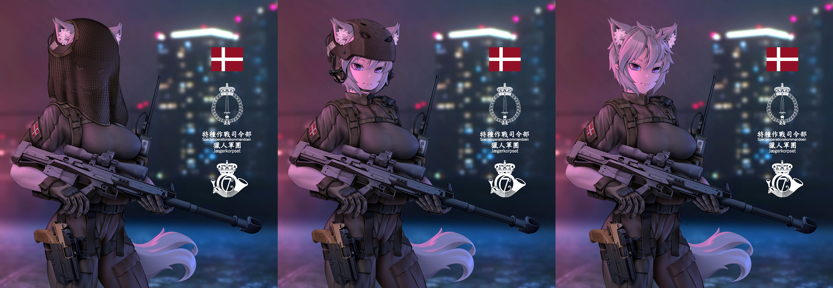 fang zhenjun, fn herstal, original, sero international kft, highres, 1girl, animal ear fluff, animal ears, anti-materiel rifle, borrowed character, breasts, building, bullpup, cat ears, cat tail, city, danish flag, earmuffs, extra ears, flag, fnp-45, fnx-45, fnx-45 tactical, gepard gm6 lynx, gloves, grey hair, gun, handgun, headset, helmet, holding, holding gun, holding weapon, holster, looking at viewer, medium breasts, military, military uniform, night, pistol, purple eyes, rifle, semi-automatic rifle, short hair, skyscraper, slit pupils, sniper rifle, tail, walkie-talkie, weapon, white hair
