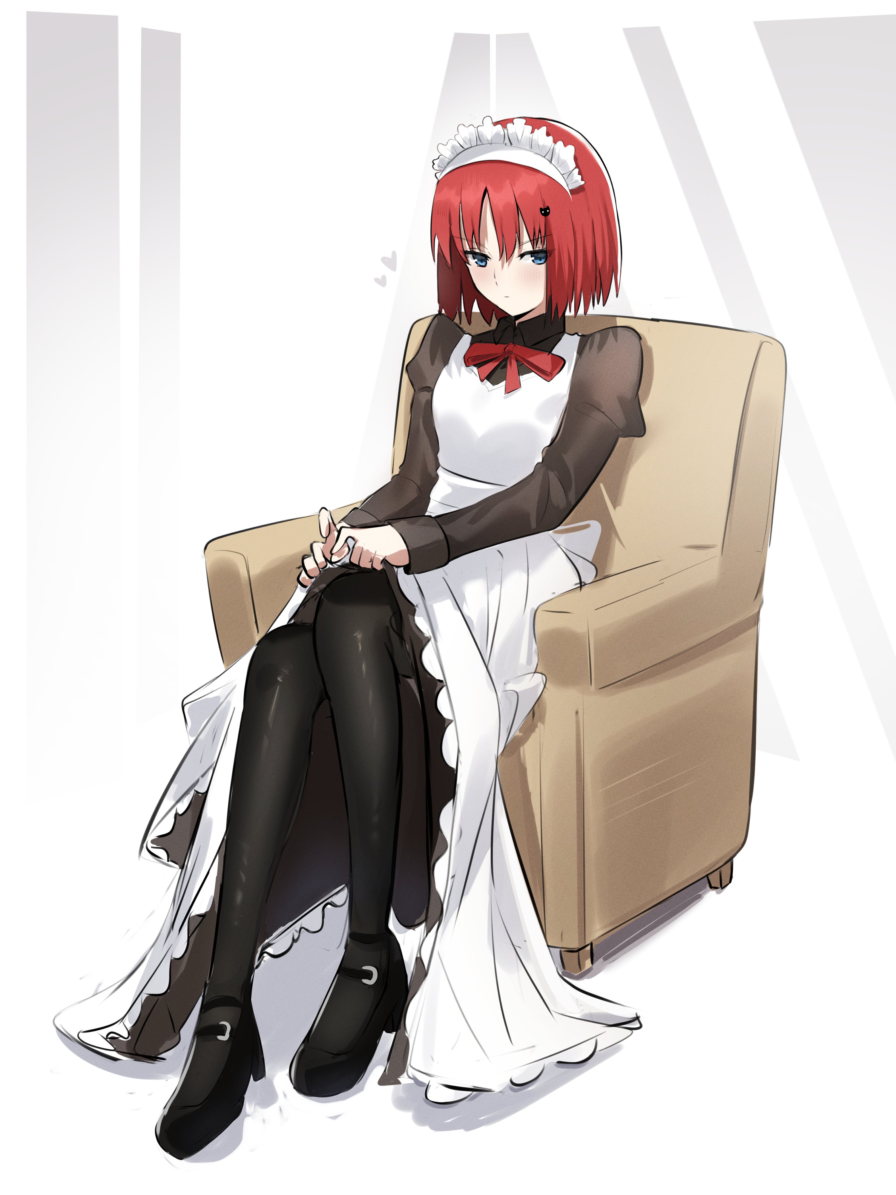 coti neko, hisui (tsukihime), tsukihime, absurdres, highres, 1girl, apron, armchair, black dress, black pantyhose, blue eyes, blush, chair, dress, hair ornament, heart, juliet sleeves, long sleeves, looking at viewer, maid, maid apron, maid headdress, pantyhose, puffy sleeves, red hair, shadow, short hair, sitting, solo, white background