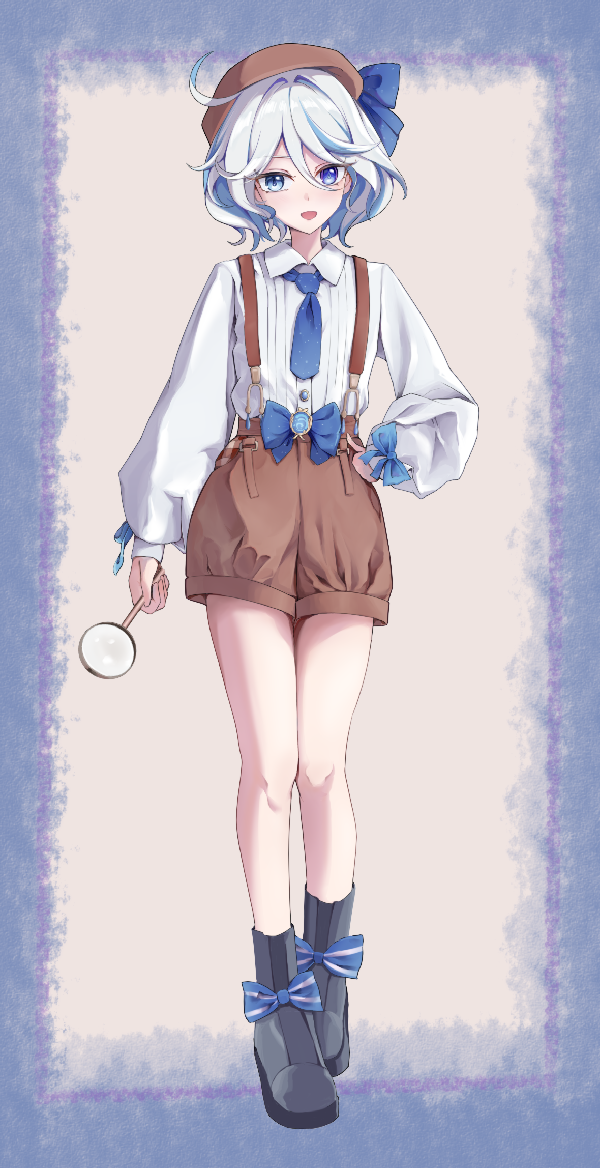 shubun (user gxsx8757), furina (genshin impact), genshin impact, chinese commentary, commentary request, highres, 1girl, :d, alternate costume, arm at side, beret, black boots, blue bow, blue eyes, blue hair, blue necktie, boots, bow, brown hat, brown shorts, collared shirt, cowlick, detective, footwear bow, full body, grey hair, hair between eyes, hair intakes, hand on own hip, hat, hat bow, holding, holding magnifying glass, long sleeves, looking at viewer, magnifying glass, medium hair, mismatched pupils, multicolored hair, necktie, open mouth, puffy long sleeves, puffy sleeves, shirt, shorts, simple background, sleeve bow, smile, solo, standing, streaked hair, striped bow, suspender shorts, suspenders, tomboy, two-tone hair, white background, white shirt