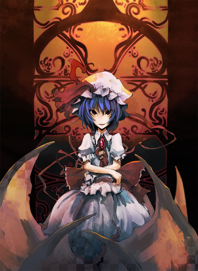 dain, remilia scarlet, touhou, bad id, bad pixiv id, 1girl, blue hair, female focus, hat, red eyes, ribbon, skirt, solo