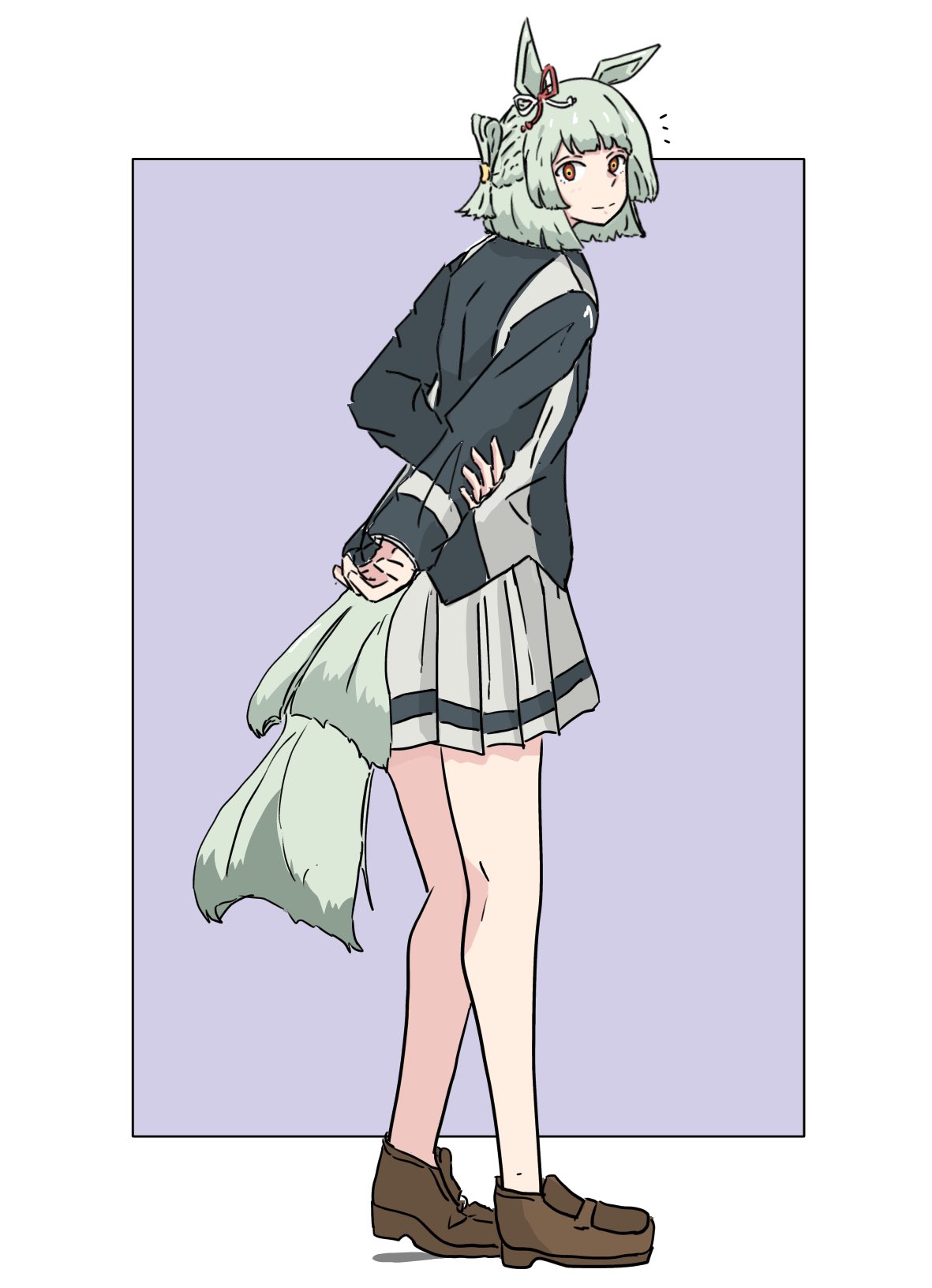 fujimasa march (umamusume), umamusume, umamusume: cinderella gray, highres, 1girl, animal ears, arms behind back, bow, braid, closed mouth, ear ribbon, folded hair, folded ponytail, grey hair, grey skirt, half up half down braid, horse ears, horse girl, horse tail, jacket, kasamatsu tracen school uniform, long hair, long sleeves, looking at viewer, multicolored jacket, pleated skirt, school uniform, shirt, shoes, short hair, simple background, skirt, smile, solo, sxpwze4u3podzmr, tail, two-tone jacket, yellow eyes
