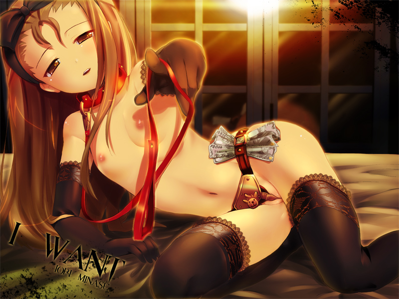 kouguchi moto, minase iori, idolmaster, idolmaster (classic), lace-trimmed legwear, 00s, 1girl, bdsm, bed, black thighhighs, bow, brown eyes, brown hair, chastity belt, collar, elbow gloves, female focus, flat chest, gloves, hair bow, lace, lace trim, leash, loli, long hair, lying, money, money in panties, naughty face, nipples, on side, pointing, prostitution, reflection, shadow, slave, solo, sunlight, thighhighs, topless female