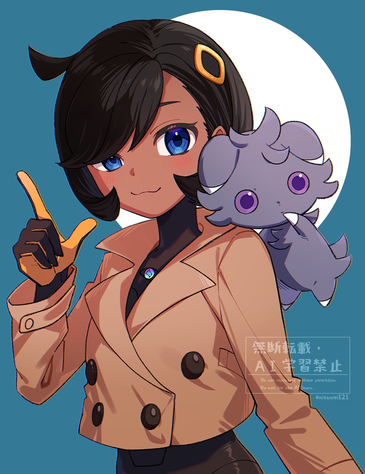 nisanrei121, emma (pokemon), espurr, nintendo, pokemon, pokemon legends: z-a, highres, 1girl, black bodysuit, black hair, blue eyes, bodysuit, brown jacket, closed mouth, gen 6 pokemon, hair ornament, jacket, long sleeves, looking at viewer, mega stone, on shoulder, pokemon (creature), pokemon on shoulder, short hair, smile, upper body