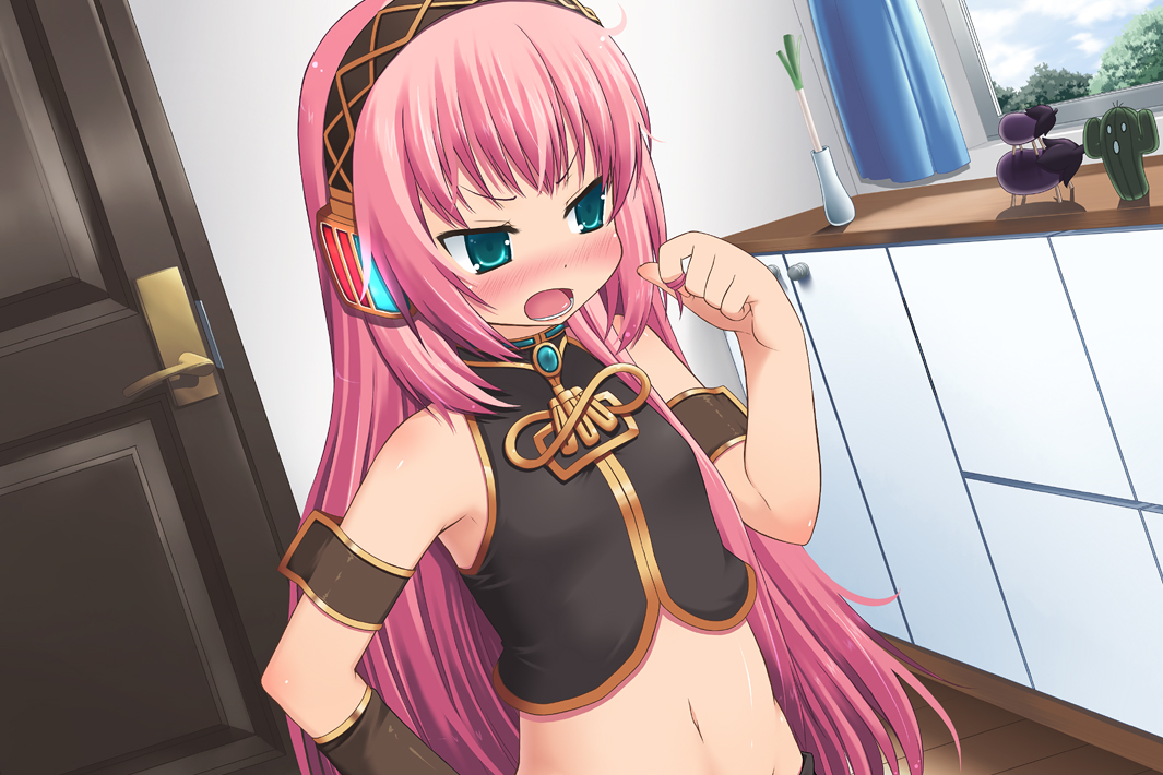 amamiya minato, megurine luka, sabotender, vocaloid, 1girl, aged down, aqua eyes, armlet, blush, female focus, headphones, indoors, jewelry, long hair, midriff, navel, open mouth, pink hair, solo, spring onion, very long hair