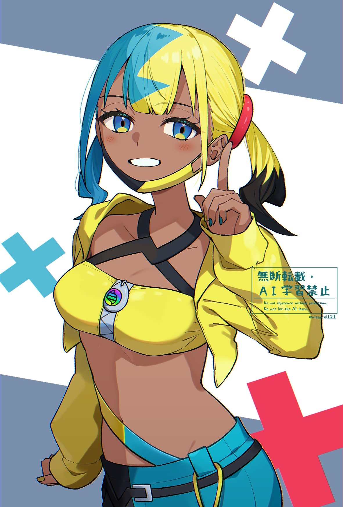 nisanrei121, canari (pokemon), nintendo, pokemon, pokemon legends: z-a, highres, 1girl, black hair, black pants, blonde hair, blue eyes, blue hair, blue pants, crop top, cropped jacket, dark-skinned female, dark skin, index finger raised, jacket, long sleeves, looking at viewer, multicolored hair, open clothes, open jacket, pants, short hair, smile, solo, two-tone pants, yellow jacket