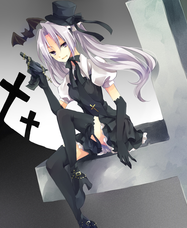 karu, yuzuki karu, original, bad id, bad pixiv id, 1girl, bat (animal), female focus, gothic lolita, gun, hat, high heels, lolita fashion, long hair, mini hat, mini top hat, purple hair, shoes, solo, thighhighs, top hat, twintails, weapon