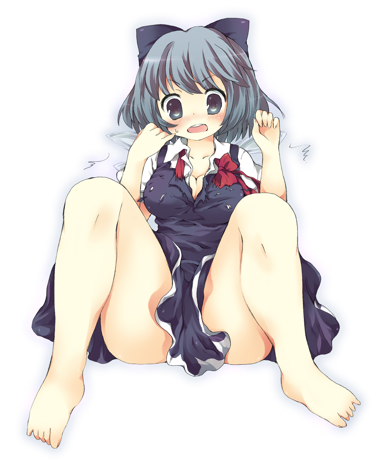 maki (natoriumu), cirno, touhou, bad id, bad pixiv id, highres, 1girl, aged up, alternate breast size (larger), barefoot, breasts, cleavage, feet, female focus, large breasts, solo, spread legs, toes, torn clothes, white background