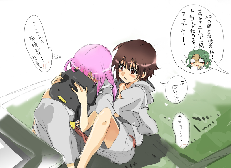 hareta, seita, etopen, haramura nodoka, miyanaga saki, saki (manga), translation request, 00s, 3girls, brown eyes, brown hair, green hair, multiple girls, pink hair, yuri