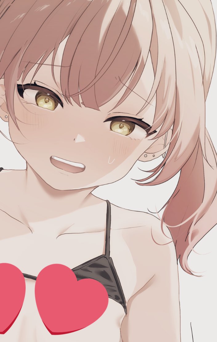 tsuruse, sakura no sekai, commentary request, commission, 1girl, black bra, blush, bra, bra lift, breasts, censored, clothes lift, collarbone, dot nose, double-parted bangs, ear piercing, earrings, green eyes, heart, heart censor, jewelry, kogure ruka, long hair, looking at viewer, open mouth, orange hair, piercing, side ponytail, simple background, small breasts, small sweatdrop, smile, solo, stud earrings, teeth, underwear, upper body, upper teeth only, white background