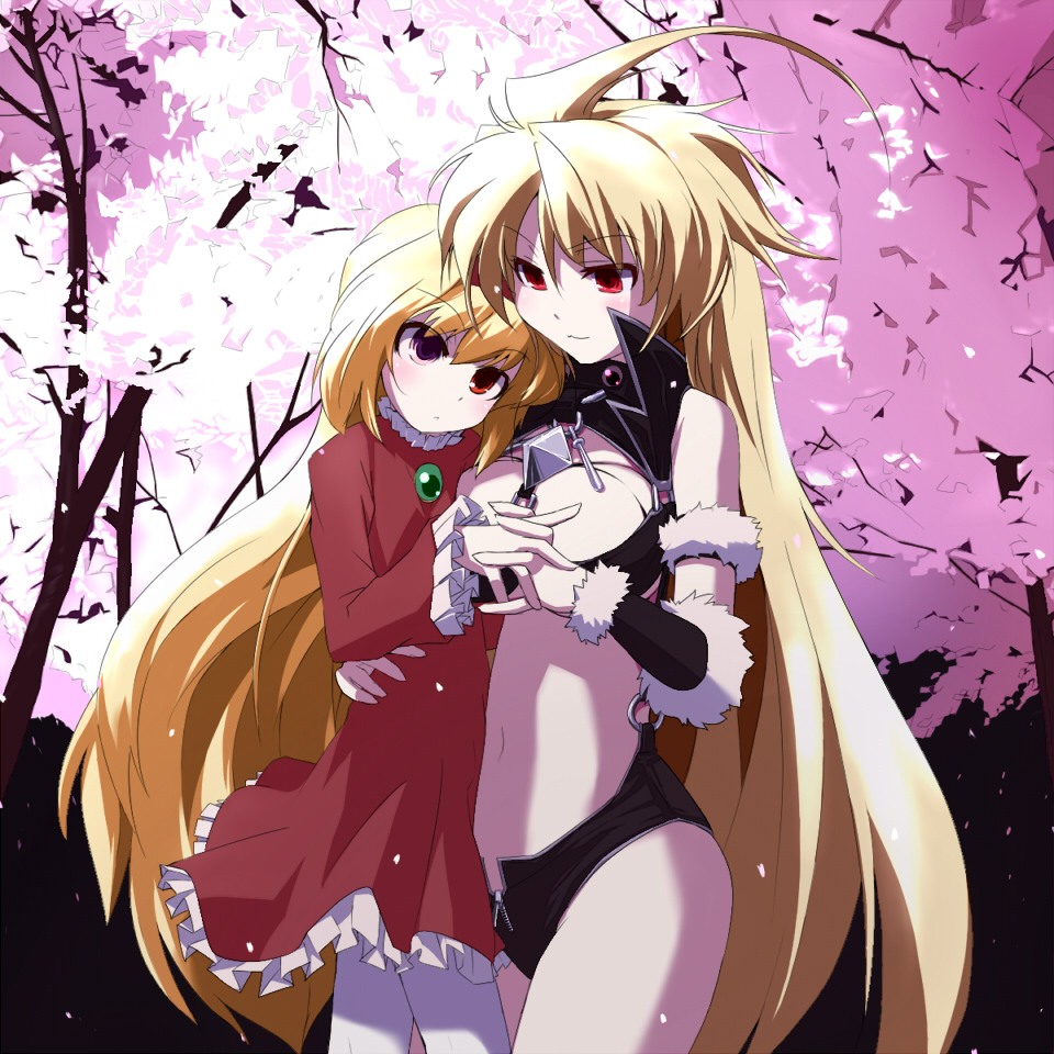 grune, gogan, katan, impact shizu, character request, copyright request, 2girls, blonde hair, heterochromia, holding hands, long hair, multiple girls, red eyes, yuri