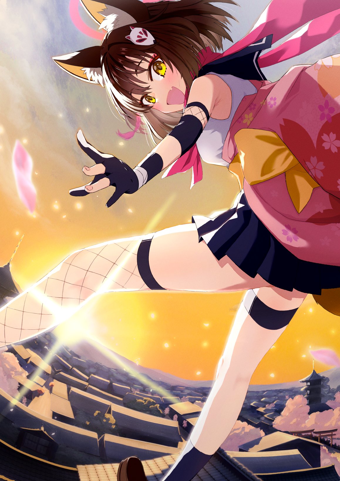 menchi-men, izuna (blue archive), blue archive, highres, 1girl, animal ears, black gloves, black skirt, breasts, dynamic pose, floral print, fox ears, fox girl, gloves, hair between eyes, halo, japanese clothes, kimono, medium breasts, ninja, open mouth, outdoors, pink halo, pink scarf, print kimono, sailor collar, scarf, school uniform, serafuku, short hair, skirt, sky, smile, yellow eyes