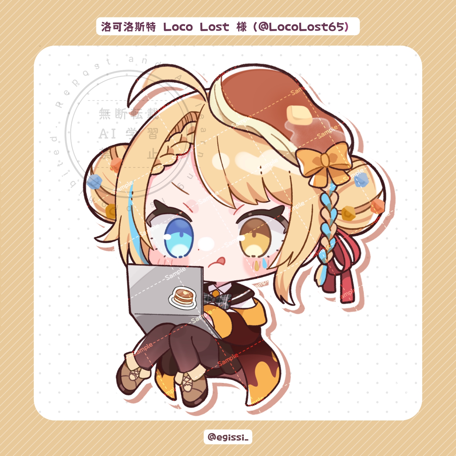 loco lost, indie virtual youtuber, commentary request, highres, 1girl, :q, ahoge, black bow, black bowtie, blue eyes, blue streaks, blush stickers, boots, border, bow, bowtie, braid, brown boots, brown pantyhose, character name, chibi, chibi only, closed mouth, coat, computer, double bun, drop shadow, egissi, food, food on head, full body, hair bow, hair bun, hair ribbon, heterochromia, laptop, long sleeves, multicolored hair, object on head, outline, pancake, pantyhose, plaid bow, plaid bowtie, plaid clothes, polka dot, polka dot background, red coat, red ribbon, ribbon, sample watermark, sitting, solo, streaked hair, tongue, tongue out, twitter username, virtual youtuber, watermark, watermark grid, white background, white outline, yellow border, yellow bow, yellow eyes