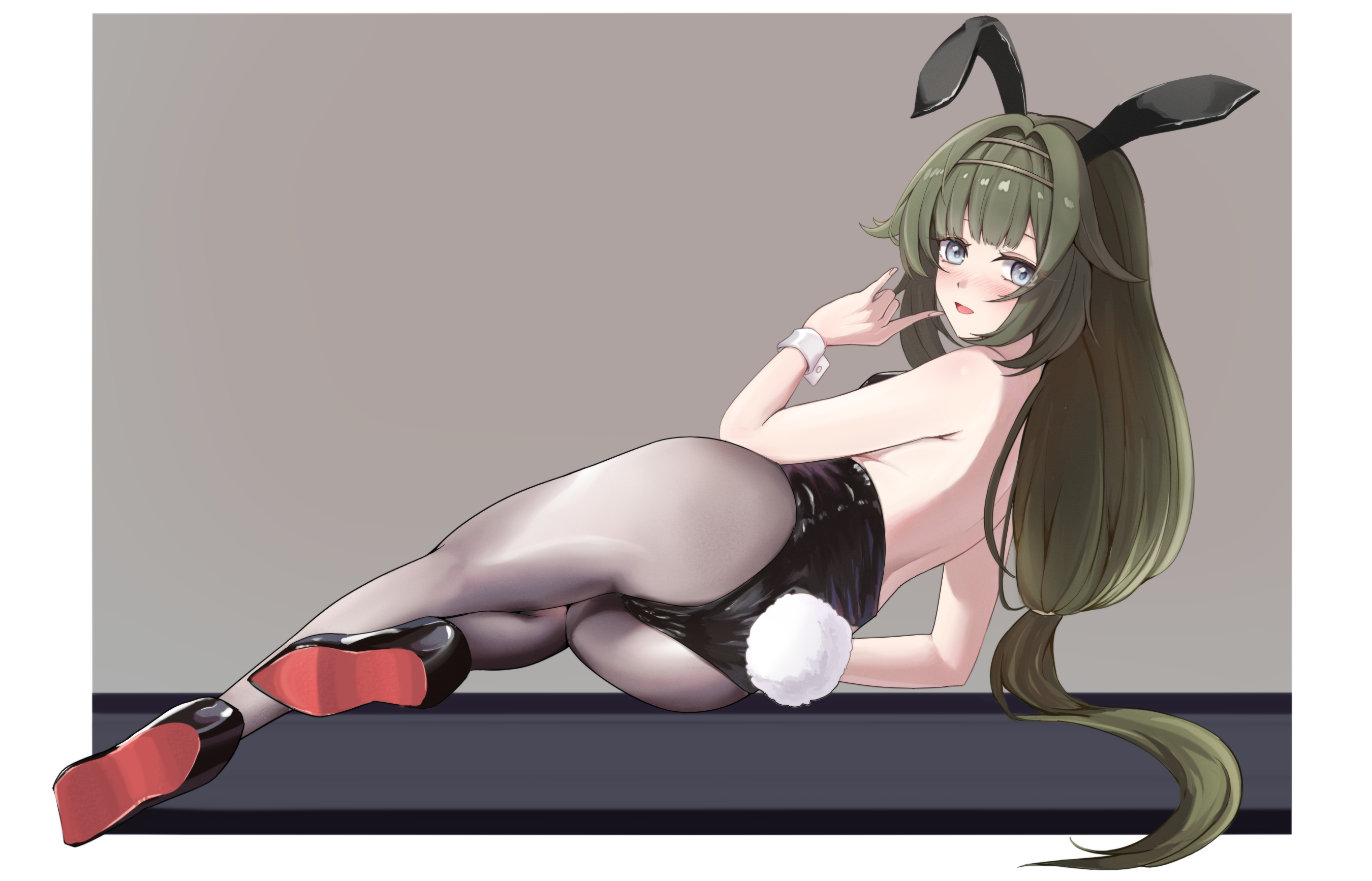 shubun (user gxsx8757), tsumugi (blue archive), blue archive, commentary, highres, 1girl, :d, m/, alternate costume, animal ears, arm support, ass, back, black leotard, black pantyhose, black shoes, blue eyes, blunt bangs, blush, border, dutch angle, fake animal ears, fake tail, from behind, full body, green hair, grey background, hair intakes, hand up, highleg, highleg leotard, legs, leotard, long hair, looking at viewer, looking back, low-tied long hair, lying, on side, open mouth, outside border, pantyhose, playboy bunny, rabbit ears, rabbit tail, shoe soles, shoes, sidelocks, simple background, smile, solo, straight hair, strapless, strapless leotard, tail, thighs, very long hair, white border, white wrist cuffs, wrist cuffs