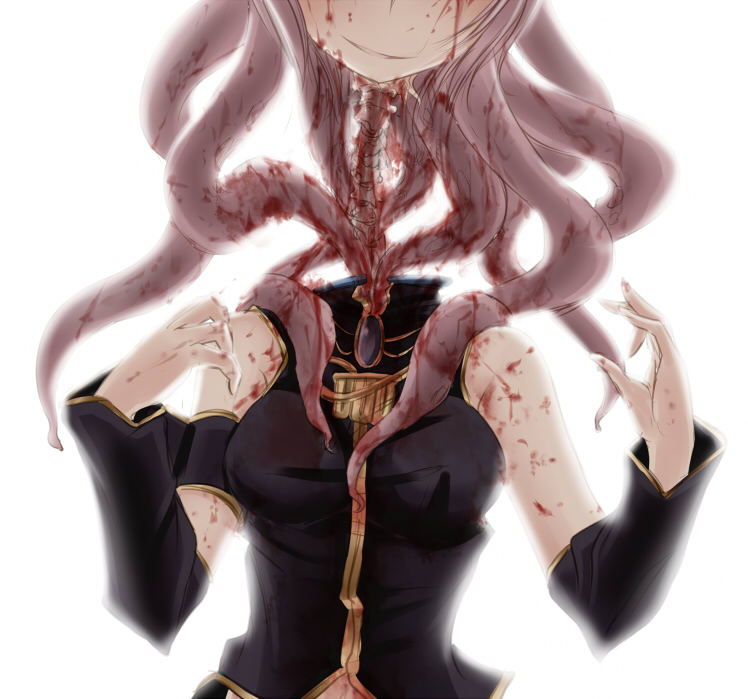 shimo (depthbomb), divider (dead space), megurine luka, takoluka, dead space (series), vocaloid, 1girl, blood, bone, creepy, decapitation, detached sleeves, guro, horror (theme), necromorph, parody, pink hair, severed head, slime (substance), smile, spine, tentacles