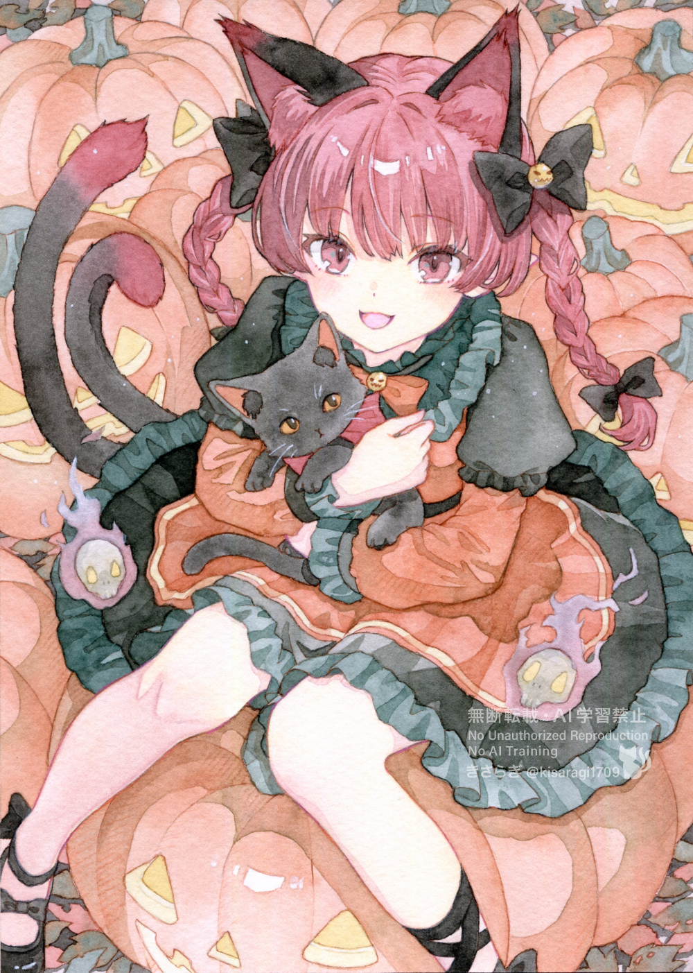 kisarush, kaenbyou rin, touhou, commentary, highres, painting (medium), traditional media, watercolor (medium), 1girl, adapted costume, animal, animal ears, animal hug, blush, bow, bowtie, braid, breasts, cat, cat ears, cat tail, dress, extra ears, fire, flaming skull, floating skull, green dress, hair bow, halloween, halloween costume, jack-o'-lantern, long hair, long sleeves, looking at viewer, mary janes, multiple tails, nekomata, open mouth, orange bow, orange bowtie, orange dress, pumpkin, red eyes, red hair, ribbon, shoes, skull, smile, solo, tail, third eye, twin braids, two tails, watermark