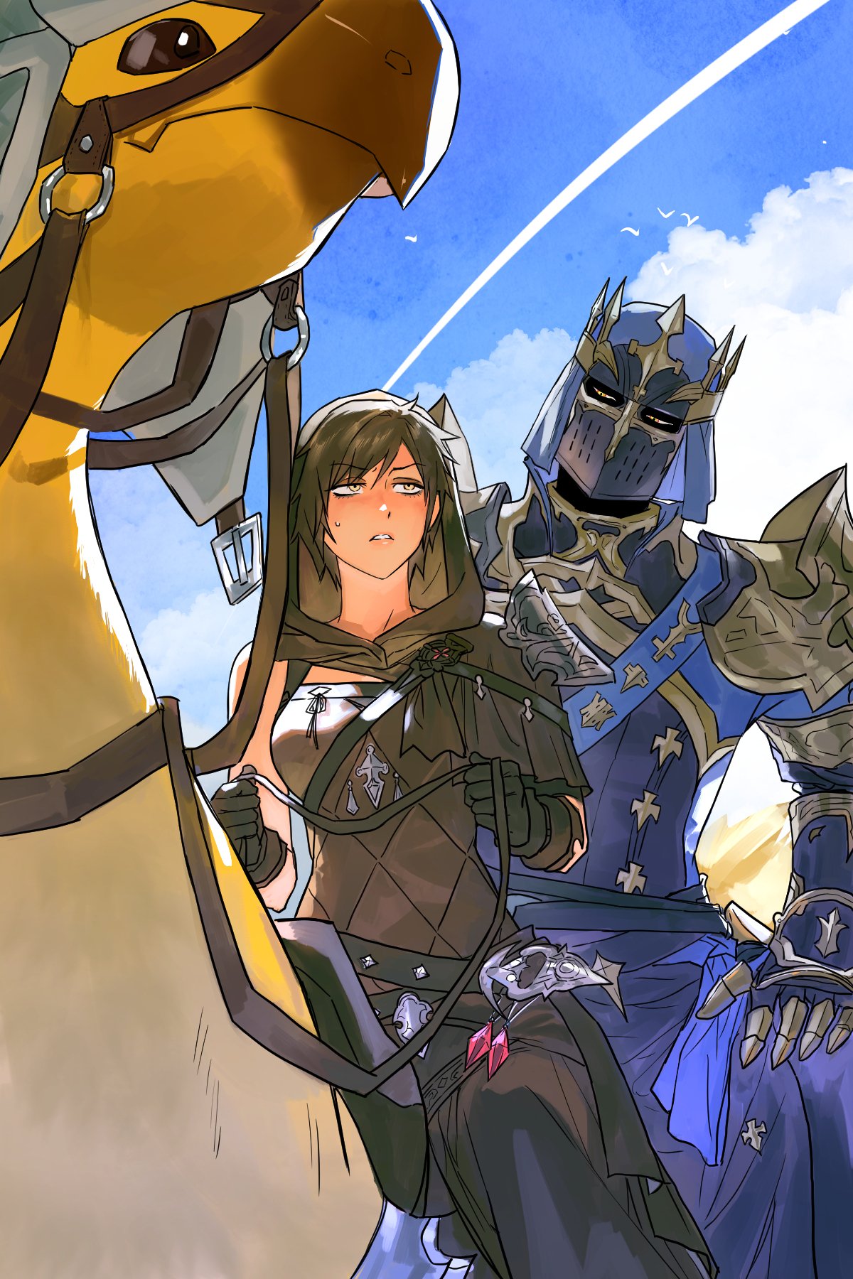 chocobo, dark knight (final fantasy), fray myste, warrior of light (ff14), final fantasy, final fantasy xiv, original, commentary request, highres, korean commentary, 1girl, 1other, ambiguous gender, armor, black hair, breastplate, covered mouth, cowl, full armor, gauntlets, helm, helmet, holding, holding reins, hyur, looking ahead, looking at another, pauldrons, reins, shad0w1nlight, short hair, shoulder armor, sitting on animal, sweatdrop, yellow eyes