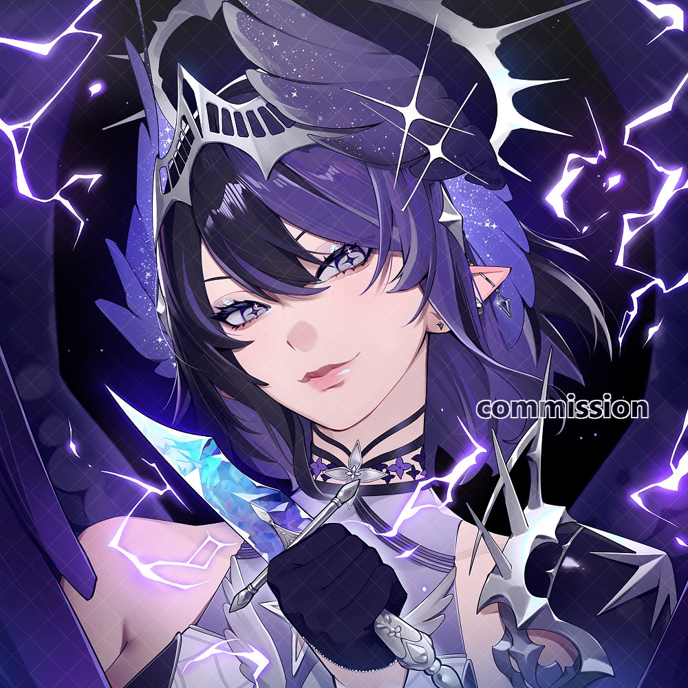 lavelis, original, commentary, commission, english commentary, 1girl, black gloves, black hair, closed mouth, electricity, feathered wings, gloves, grey eyes, hair between eyes, half gloves, head tilt, head wings, holding, holding weapon, lips, long hair, looking at viewer, multicolored hair, pink lips, pointy ears, purple hair, purple wings, smile, solo, symbol-shaped pupils, two-tone hair, weapon, wings