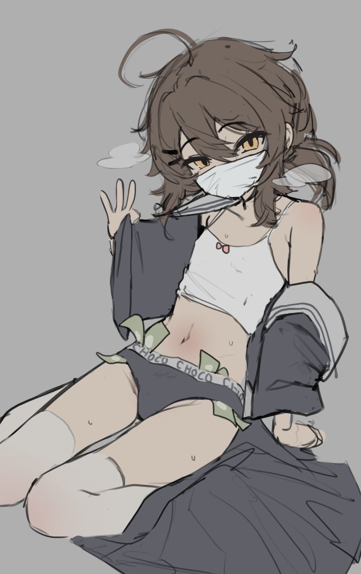 chocpocalypse, original, unfinished, 1girl, ahoge, arm support, brown hair, camisole, flat chest, grey background, hair ornament, hairclip, mask, messy hair, money, mouth mask, navel, panties, simple background, sitting, sketch, thighhighs, underwear, wariza, white camisole, white thighhighs, yellow eyes