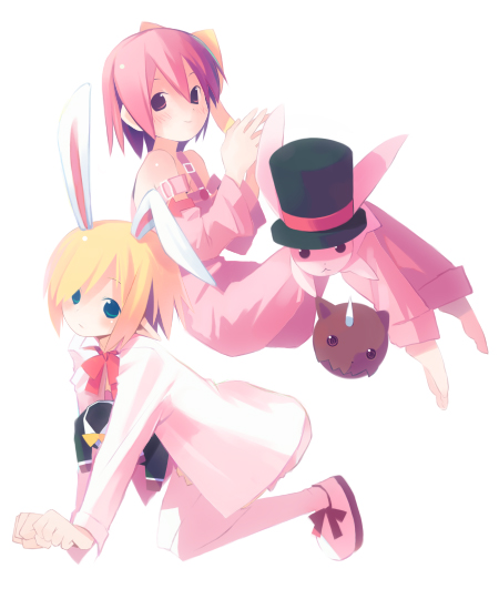 asami natsuhito, mr. smith, original, archived source, bad link, commentary, english commentary, 2girls, animal ears, bare shoulders, barefoot, belt, black hat, black pants, black suit, blonde hair, blue eyes, blush, bow, bowtie, brown eyes, buckle, closed mouth, collared shirt, detached sleeves, disembodied head, doll, dress shirt, elbow blush, footwear bow, formal clothes, hair bow, hat, headless, headless doll, knees together feet apart, light frown, long sleeves, looking at viewer, multiple girls, open clothes, open shirt, overalls, pants, pantyhose, pink belt, pink eyes, pink fur, pink hair, pink overalls, pink sleeves, pointy ears, rabbit, rabbit ears, red bow, red bowtie, red shirt, severed head, shirt, shoes, short hair, simple background, single ear down, skirt, sleeve cuffs, solid eyes, sophy, suit, sweatdrop, top hat, undershirt, white background, white pantyhose, white shirt, white skirt, white sleeves, wing collar, yellow bow