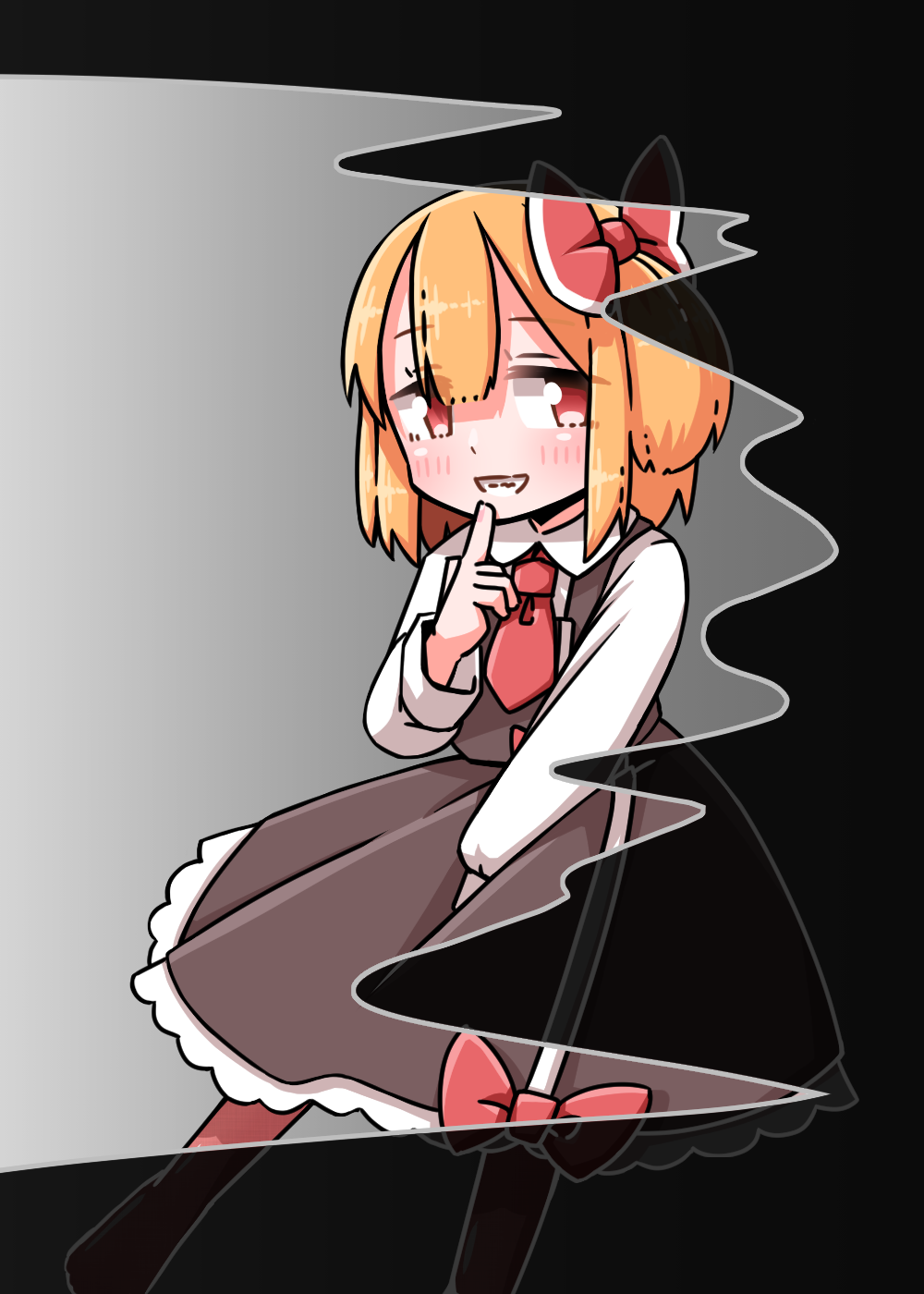 roco (katsuya1011), rumia, touhou, commentary request, highres, textless version, 1girl, black skirt, black vest, blonde hair, blush, bow, bow skirt, collared shirt, darkness, finger to mouth, frilled skirt, frills, grin, hair bow, long sleeves, looking at viewer, necktie, pantyhose, red bow, red eyes, red necktie, red pantyhose, shirt, shushing, skirt, skirt set, smile, solo, umbrakinesis, vest, white shirt