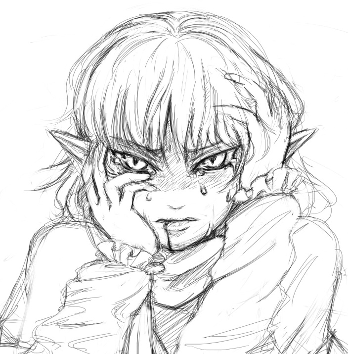 ginji (sakaki summer), mizuhashi parsee, touhou, 1girl, blood, blush, female focus, greyscale, monochrome, pointy ears, portrait, sketch, solo, tears, upper body, white background