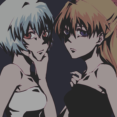 chidori (ardelica), ayanami rei, souryuu asuka langley, neon genesis evangelion, bad id, bad pixiv id, lowres, 2girls, bare shoulders, blue eyes, blue hair, grabbing another's chin, hand on another's chin, long hair, multiple girls, red eyes, red hair, shadow, short hair, strapless, tube top, yuri