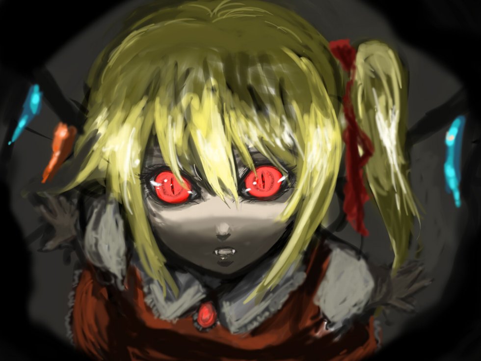 ginji (sakaki summer), flandre scarlet, touhou, 1girl, blonde hair, creepy, fangs, female focus, glowing, glowing eyes, horror (theme), looking at viewer, red eyes, ribbon, slit pupils, solo, vampire, wings