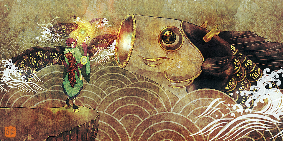 hoshikirari, kusuriuri (mononoke), mononoke, 1boy, bandana, blonde hair, carp, faux traditional media, fine art parody, fish, fish kite, geta, horns, japanese clothes, kimono, koinobori, male focus, nihonga, obi, parody, pointy ears, sandals, sash, seigaiha, solo, traditional youkai, ukiyo-e, water, waves, windsock