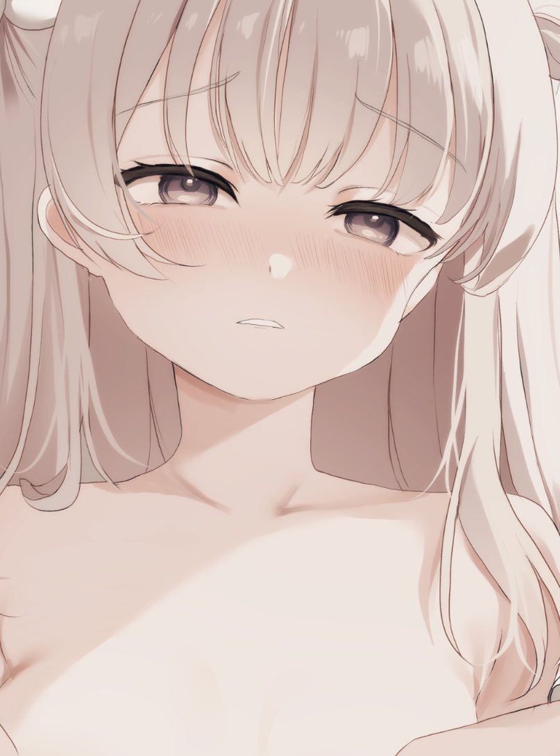tsuruse, sakura no sekai, commentary request, commission, 1girl, blonde hair, blush, long hair, looking at viewer, nose blush, nude, parted lips, purple eyes, solo, upper body, utsumi sakura