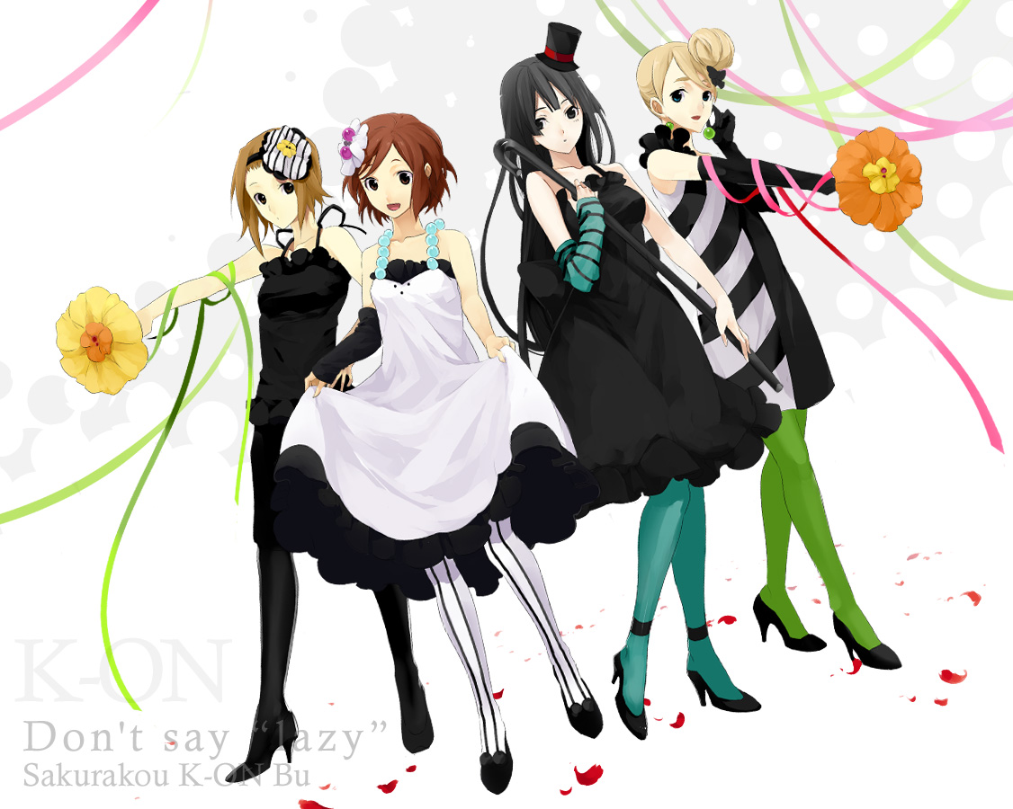 izumi (nagashi), akiyama mio, hirasawa yui, kotobuki tsumugi, tainaka ritsu, don't say "lazy", k-on!, striped legwear, vertical-striped legwear, bad id, bad pixiv id, 00s, 4girls, black eyes, black hair, blonde hair, blue pantyhose, brown hair, cane, dress, facepaint, flower, green pantyhose, hat, ho-kago tea time, long hair, mini hat, mini top hat, multiple girls, pantyhose, short hair, striped clothes, striped pantyhose, top hat, vertical-striped clothes, vertical-striped pantyhose