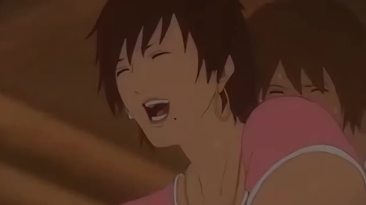 gyo (ova), animated, anime screenshot, sound, tagme, video, 1girl, 2boys, anal, brown hair, clothed sex, double penetration, eirka (ova), from behind, moaning, multiple boys, on bed, sex, smile