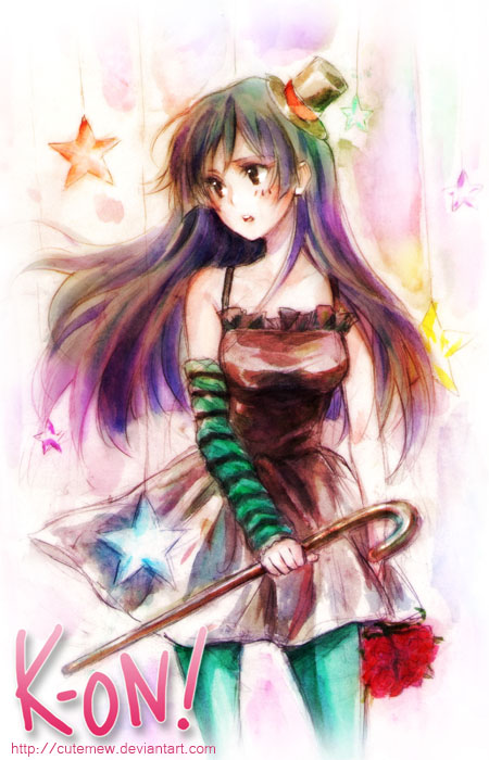 centimetre, akiyama mio, don't say "lazy", k-on!, bad id, bad pixiv id, 00s, 1girl, black eyes, black hair, blue pantyhose, cane, dress, facepaint, female focus, fingerless gloves, gloves, hat, long hair, mini hat, mini top hat, pantyhose, solo, top hat