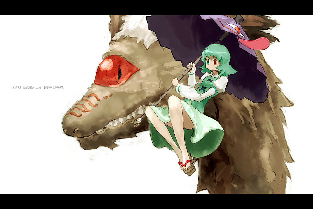 oso (toolate), tatara kogasa, touhou, 1girl, dragon, female focus, geta, heterochromia, ippon datara, karakasa obake, letterboxed, monster, one-eyed, sandals, solo, tongue, trait connection, umbrella