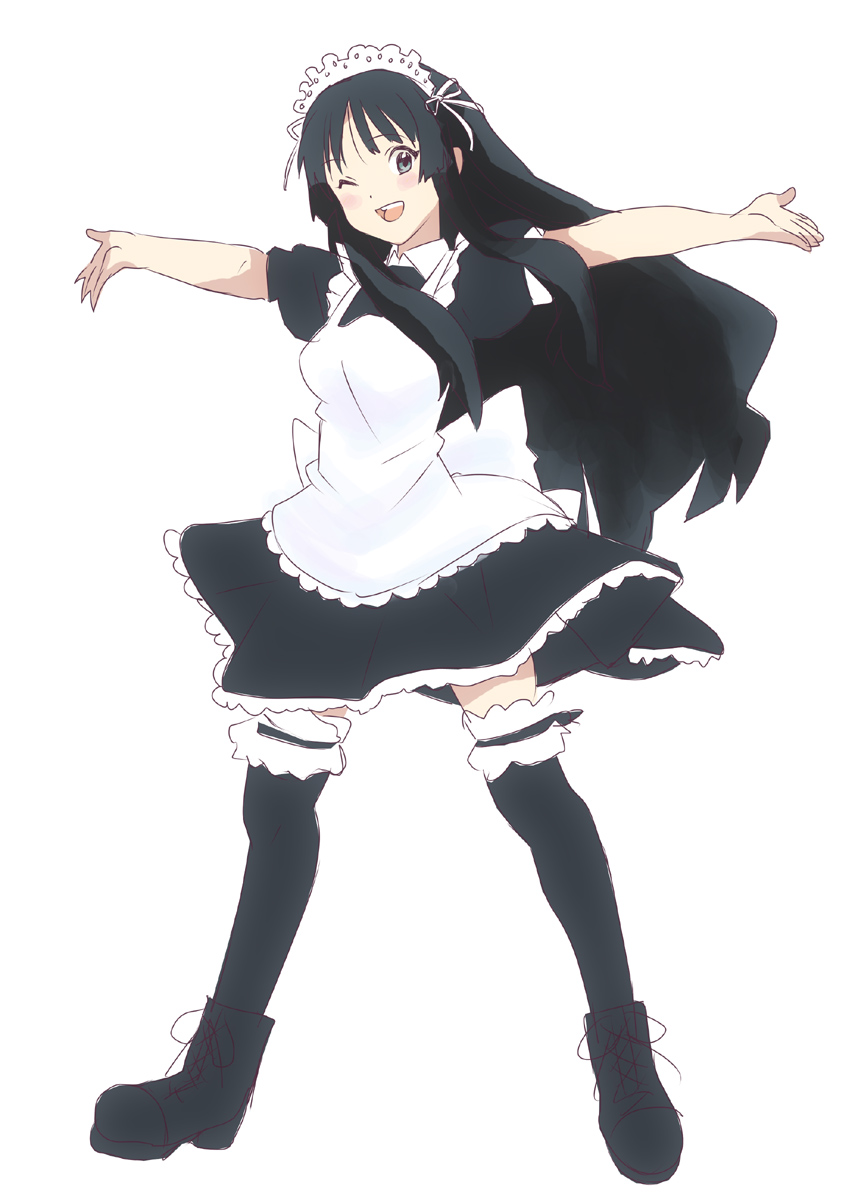 baba arumi, akiyama mio, k-on!, bad id, bad pixiv id, highres, 00s, 1girl, alternate costume, black eyes, black hair, boots, enmaided, female focus, frilled thighhighs, frills, full body, legs, long hair, maid, maid headdress, open mouth, outstretched arms, simple background, solo, spread arms, thighhighs