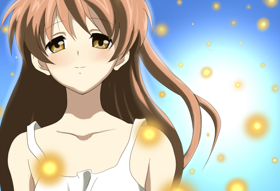 miracle (miracle1980), girl from the illusionary world, clannad, 00s, brown eyes, brown hair, close-up, dress, long hair, solo, sparkle